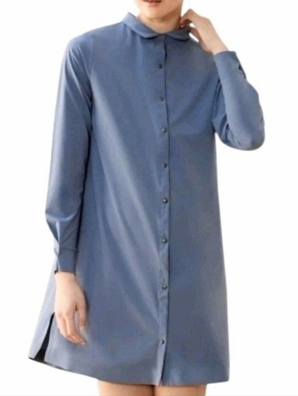 ADAY Shirt Dress Medium Blue Stretch Reversible Mock Neck Snap Front Pockets
